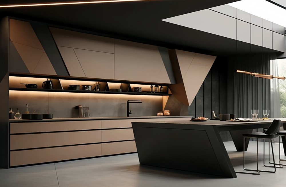 High-end Italian finish cabinetry with angular design and premium finishes
