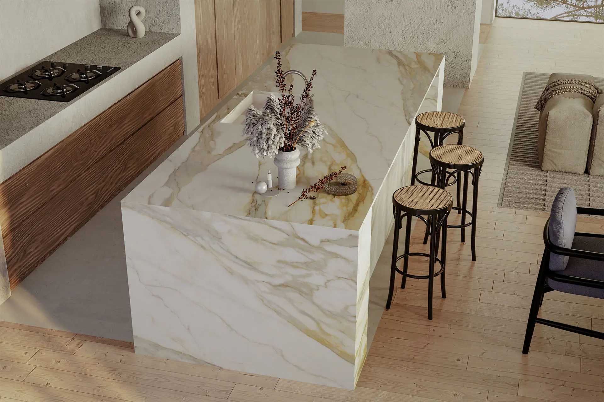Kitchen island with waterfall porcelain edge